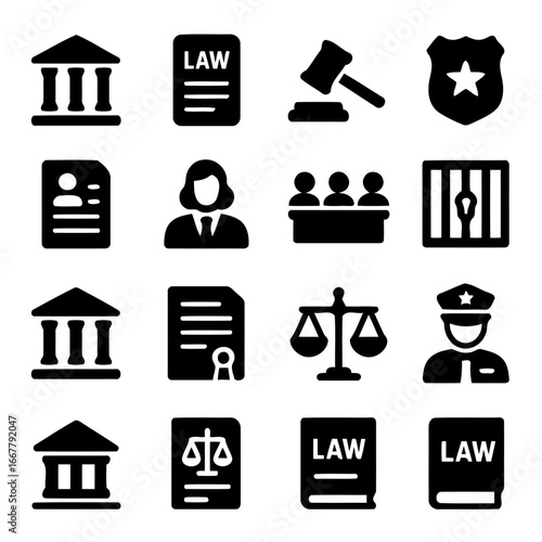 Legal Icons: An elegant assembly of law and order icons, with a balance of form and concept. They represent the justice system in a clear and impactful way.