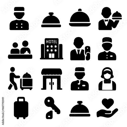 Hotel Icon Set: A collection of hotel-related icons in a crisp, modern design. Depicting various aspects of the hospitality experience