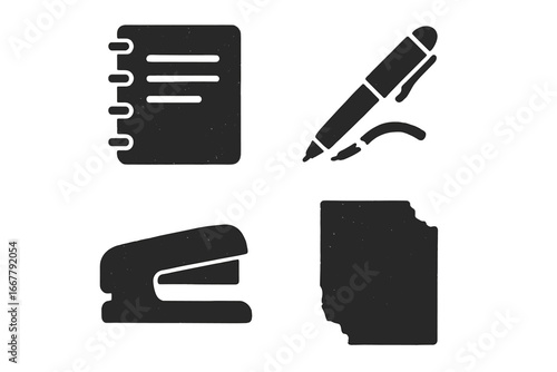 Worn office essentials icon set. Grunge solid filled icons of used supplies. Broken pen, old notebook, stapler, torn paper silhouette. Business stationery vector concept.