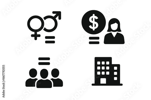 Workplace equality icons. Gender equality, equal pay, and diversity concept. Fair wages for women. Social issue of salary equity. Corporate teamwork and inclusion vector set.