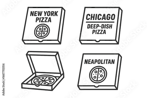 Pizza box icon set. Outline icons of international pizza styles: New York, Chicago deep-dish, Neapolitan. Pizzeria packaging, takeaway container vector for fast food delivery.