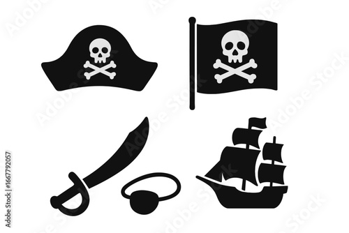 Pirate icon set. Vector collection of black pirate symbols. Jolly Roger flag, skull and crossbones, ship, sabre, eyepatch. Sea adventure, treasure hunt graphic elements.