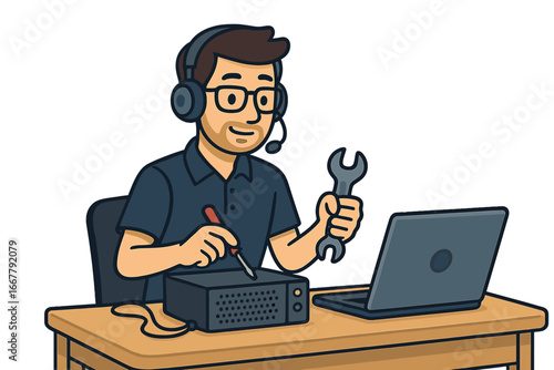 Technical support technician with headset fixing hardware. IT specialist man with tools doing computer repair. Concept of maintenance, service, troubleshooting, and helpdesk.
