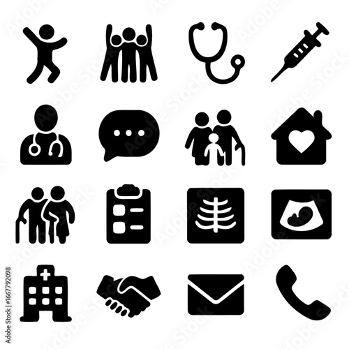 Healthcare Icon Set: A comprehensive collection of intricately crafted icons, representing key aspects of healthcare. Aesthetically pleasing and ready for integration into various design projects.