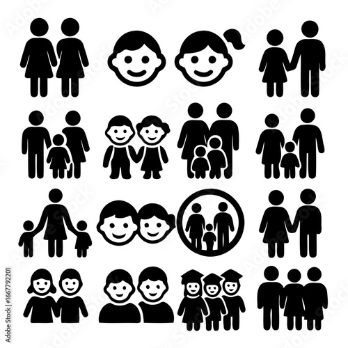 Family Silhouette Diversity: A collection of meticulously crafted silhouette icons represents diverse family structures and relationships, designed for inclusivity and versatility.
