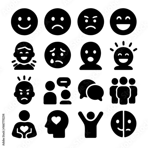 Emotions Spectrum Icons: A collection of meticulously crafted minimalist icons capturing the breadth of human feeling, from elation to sorrow, in a visually engaging design.