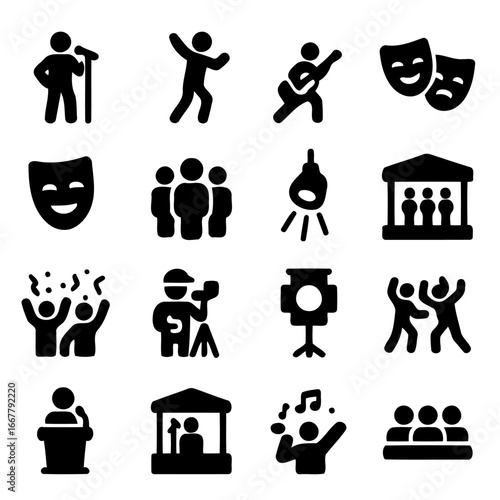Performing Arts Icon Collection: A collection of icons representing the performing arts, showcasing the diversity and dynamism of theatrical productions and musical performances.
