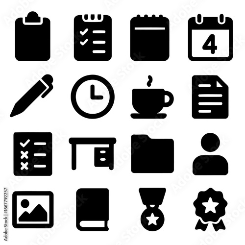 Iconic Business Tools: A minimalist and sleek compilation of essential business and office tools, illustrated with clear lines and shadows on a unified, cohesive theme.