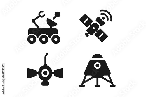 Space exploration icon set. Solid glyph collection of planetary mission vehicles. Rover, satellite, space probe and lander symbols for astronomy, science and technology concepts.