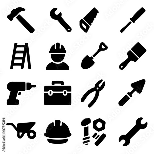 Construction Tools: A collection of tools of different shapes and sizes, essential instruments used to construct, maintain, and repair structures and other constructions. Representing precision.