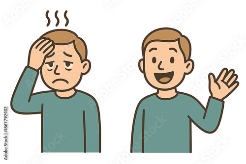 Sick man with fever, headache, flu symptoms. Healthy happy man after recovery. Before and after comparison. Health and sickness concept. Unwell vs well. Vector illustration.