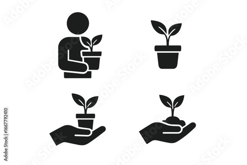 Plant care icon set. Growth, new life and sustainability concept. Person holding pot, hand with sapling. Ecology, environment, nature and gardening vector symbols.