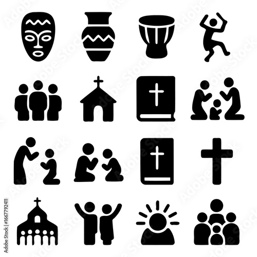 Cultural and Spiritual Elements Collection: A striking collection of icons depicting diverse symbols from culture and religion, inviting reflection on the rich tapestry of traditions and beliefs.