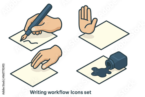 Writing workflow isometric icon set. Hand with fountain pen, writer's block stop gesture, spilled ink bottle. Mistake, error, calligraphy process vector illustration concept.