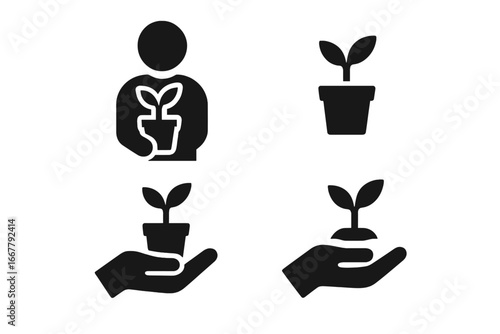 Plant care icon set. Concept of growth, new life, nature. Person and hand holding a potted plant and sapling. Ecology, environment, gardening vector pictogram symbol.