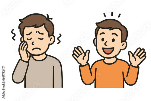 Man before and after. Sick, sad, unwell character in pain vs happy, healthy, recovered person. Concept of mood change, mental health, recovery. Vector cartoon illustration.