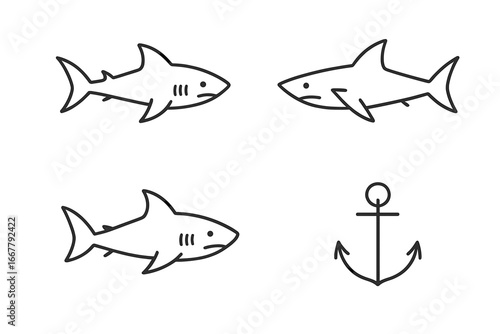 Shark and anchor icon set. Minimalist marine animal collection. Simple line art. Ocean life symbol. Nautical theme vector. Sea wildlife cartoon illustration for logo or tattoo.