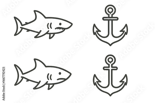 Marine vector icon set with cute cartoon shark and anchor. Minimalist line art for nautical logo or tattoo design. Simple ocean animal characters with sad and angry emotions.