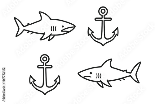 Set of marine icons with shark and anchor. Simple nautical line art symbols. Minimalist ocean animal and ship equipment vector illustration. Sea life and sailing concept design.