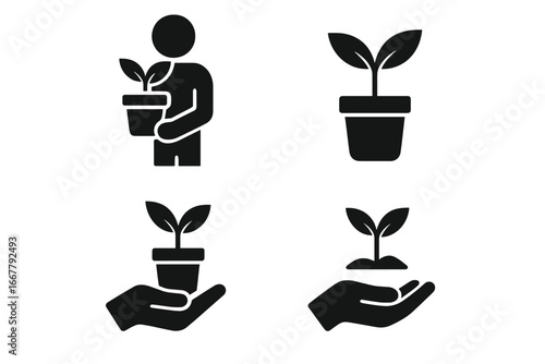 Plant care vector icon set. Man holding potted plant, hand with sapling. Concept of growth, new life, nature. Gardening, environment, ecology & agriculture solid glyph symbols.