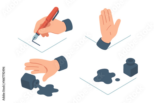 Writing workflow isometric icon set. Hand with fountain pen, pausing gesture, and knocking over ink bottle. Mistake and writer's block concept. Vector illustration.