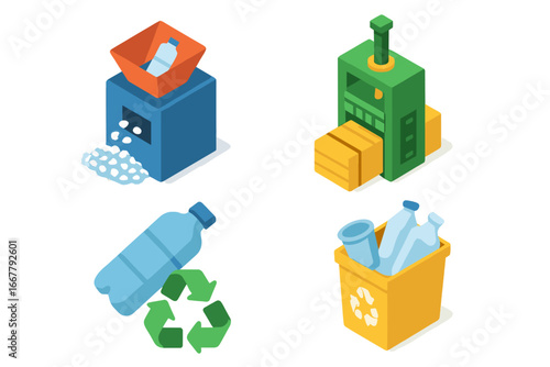 Plastic recycling process isometric icons. Waste management, shredder machine, baler press. Vector set for ecology, sustainability, zero waste and environmental pollution concept.