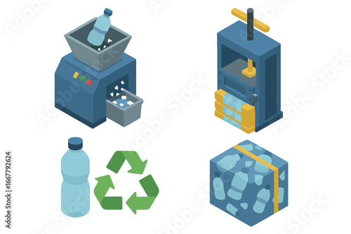 Plastic recycling process isometric icons. Waste sorting and processing. Shredder for grinding, baler press for compaction. Zero waste and ecology vector illustration concept.
