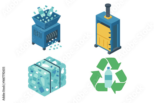 Plastic recycling process isometric icon set. Waste management concept with shredder, baler press and bottle. Garbage sorting, sustainable industry and ecology vector illustration.