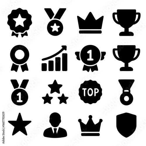 Symbolic Success: A curated collection of iconic achievement symbols, including medals, trophies, crowns, and stars, rendered in a clean, minimalist style, ideal for celebrating milestones.
