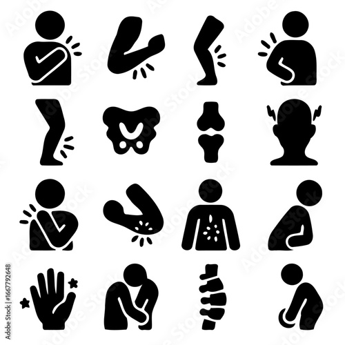 Body Ache and Joint Pain Icons: A set of silhouette icons depicting various areas of the human body affected by pain, from headaches to foot ailments, for medical and health-related content.