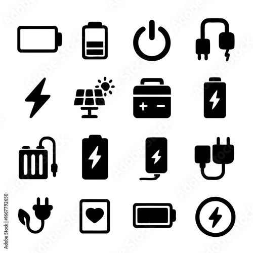 Icons of Energy: A comprehensive collection of sleek, minimalist icons representing various energy-related concepts. From charging symbols to sustainable power sources.