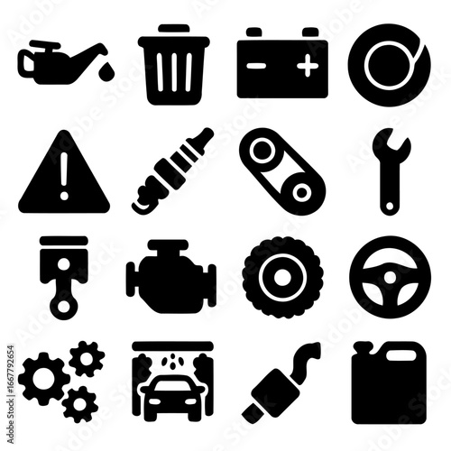Essential Car Icons: A comprehensive collection of illustrated icons depicting vital elements of car care and maintenance.