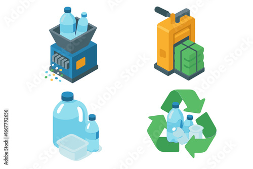 Plastic recycling process isometric icons. Waste management with shredder machine and baler press. Ecology, sustainability, and environmental protection vector illustration concept.