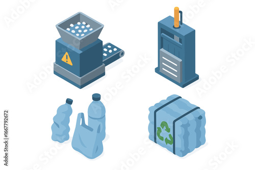 Plastic recycling process isometric icon set. Waste management concept with shredder machine, baler press, bottles, and pellets. Vector illustration for ecology and sustainability.