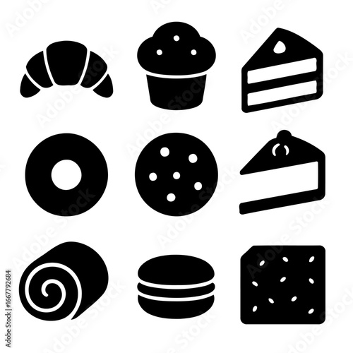 Assortment of Baked Delights: A delicious collection of assorted baked goods, including a croissant, muffin, cake slice, donut, cookie, swiss roll, macaron, and a piece of cake.