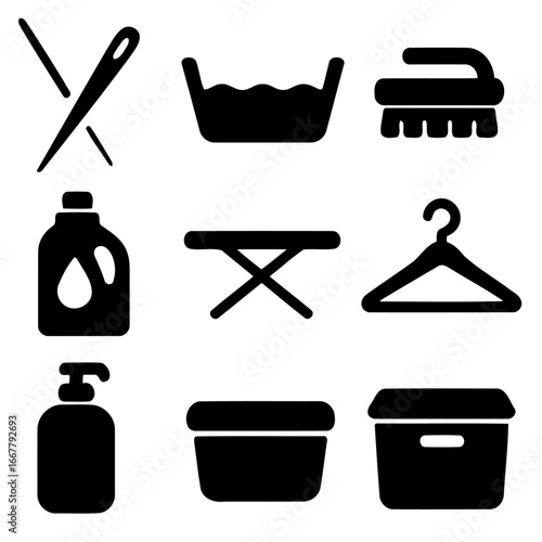 Laundry Essentials Icon Set: A curated collection of monochrome icons, featuring essential items, presented on a clean backdrop. Perfect for visual storytelling.