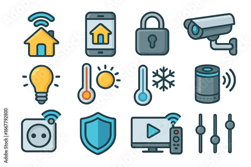 Smart home icon set for home automation. Vector illustration of IoT technology concepts like security camera, climate control, smart light, and remote mobile app control.