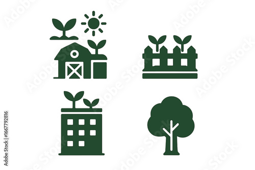Zero waste city solid icon set. Urban farm, community garden, green roof, tree. Sustainable cityscape and green spaces vector illustration. Eco friendly agriculture concept.