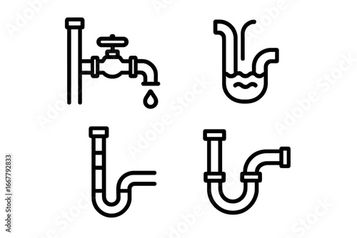 Plumbing icon set. Outline icons of piping system. Faucet, water supply line, drain pipe, sink trap, and vent stack. Vector illustration for sanitary engineering concepts.