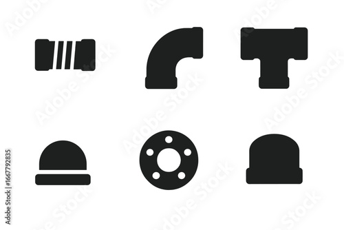 Plumbing pipe fittings vector icon set. Industrial pipeline components collection. Water supply system silhouette symbols like elbow, tee, cap, flange, and connector.