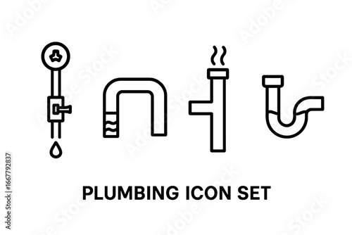 Plumbing outline icon set. Vector symbols of water supply line, drain pipe, vent stack, and sink trap. Sanitary engineering graphic elements for plumber service concept.