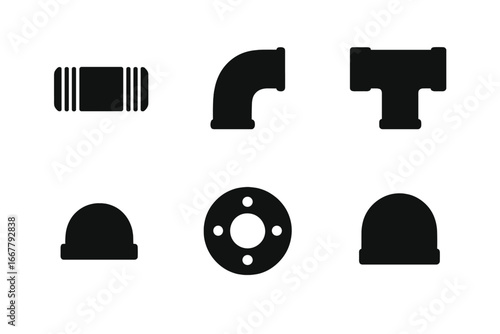 Plumbing pipe fittings vector icon set. Solid glyph silhouette collection of industrial pipeline components like elbow, tee, cap, flange, and connector. Plumber hardware symbols.
