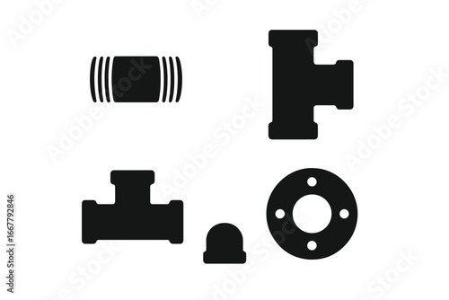 Plumbing icons set. Pipe fitting vector collection. Water supply system components. Industrial pipeline elements silhouette. Threaded pipe, elbow, tee, cap, flange glyphs.