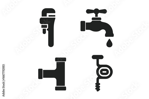 Plumbing service icons set. Vector collection of plumber tools for repair and maintenance. Pipe wrench, faucet, water drip, pipe joint, and drain snake auger symbols.