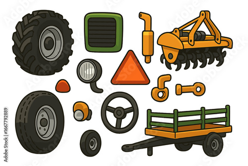 Tractor parts and farm vehicle equipment set. Agricultural machinery components collection for farming. Vector cartoon illustration includes wheel, plow, steering and trailer.