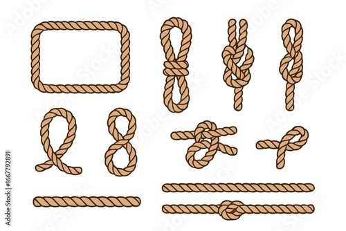 Set of rope illustrations with various knots and forms. Vector collection of nautical jute cords, including a decorative frame, loops, and marine knots for design elements.