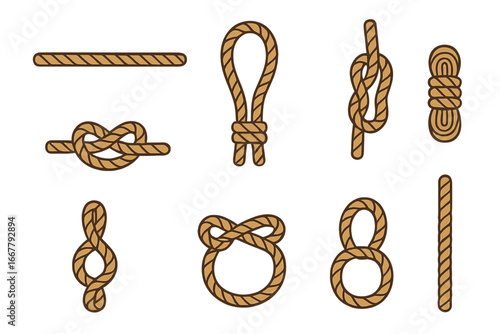 Rope knots and loops vector icon set. Collection of nautical, marine, and sailor ties. Twisted cord and string for climbing or survival. Minimalist cartoon illustration.