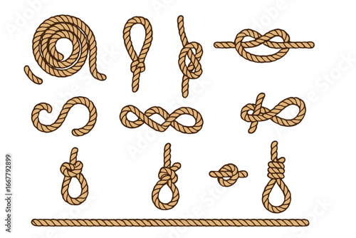 Rope and knot vector set. Collection of nautical and marine rope illustrations. Different forms like loops, coils, and sailor knots. Jute twine cord cartoon graphic elements.