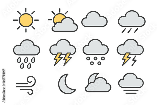 Weather forecast icons set. Meteorology symbols collection. Sun, cloud, rain, snow, storm, wind, moon, fog. Flat cartoon vector illustration. Simple climate signs for web, app.