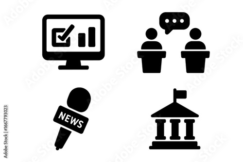 Political media icon set. Glyphs for election results, voting data, political debate, press conference, and government building. Solid vector illustration symbols collection.